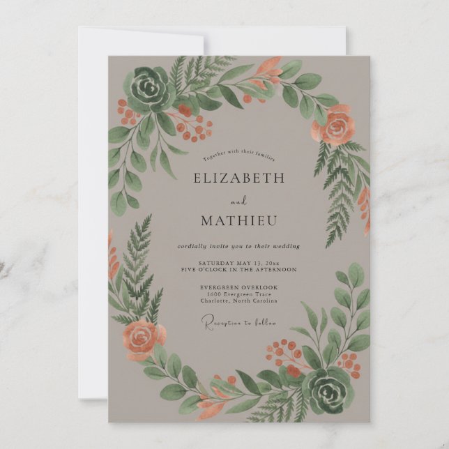 Invitation Couronne de feuillage de pêche pour mariage (Devant)
