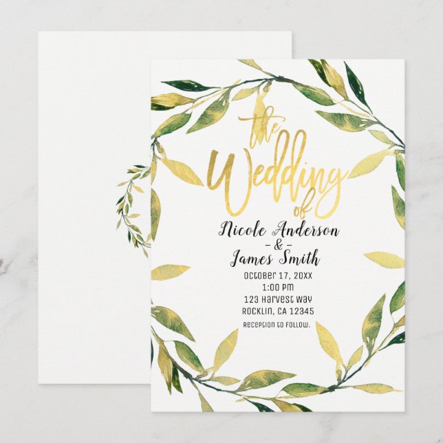 Invitation Couronne de feuilles botaniques vertes dorées pour (Devant / Derrière)