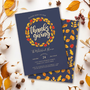 Invitation Couronne de feuilles d'automne élégante bleu marin