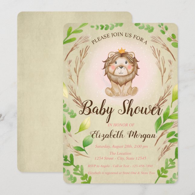Invitation Couronne de feuilles de bébé lion adorable mignon (Devant / Derrière)