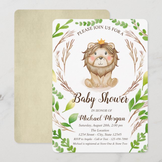 Invitation Couronne de feuilles de bébé lion mignon (Devant / Derrière)