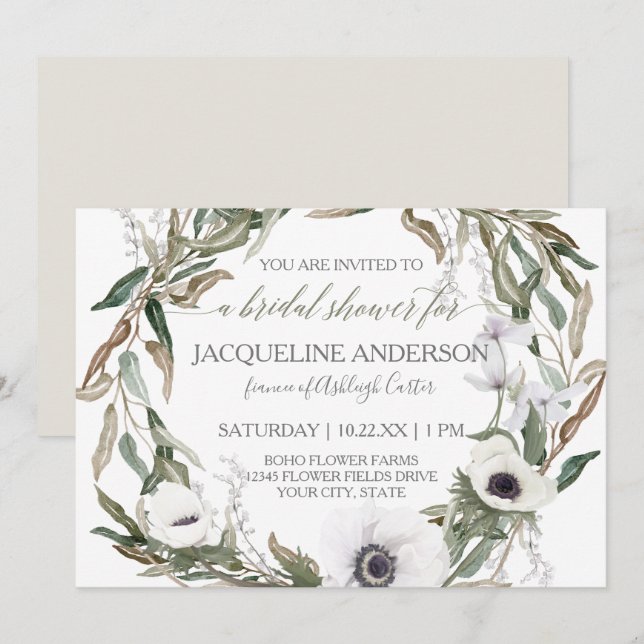 Invitation Couronne de feuilles d'olivier et d'anémones aquar (Devant / Derrière)