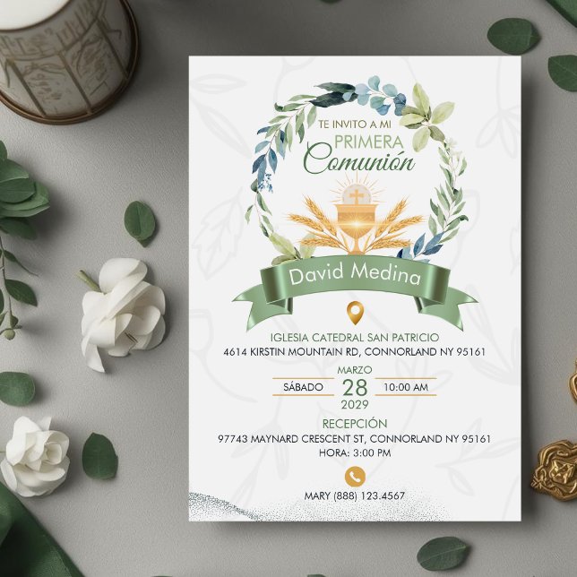 Invitation Couronne de feuilles vertes Première Sainte Commun (Créateur téléchargé)