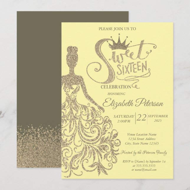 Invitation Couronne de fille en robe pailletée, Diamants doré (Devant / Derrière)