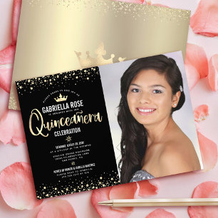 Invitation Couronne de Fille Glitter Quinceañera Photo Or Noi