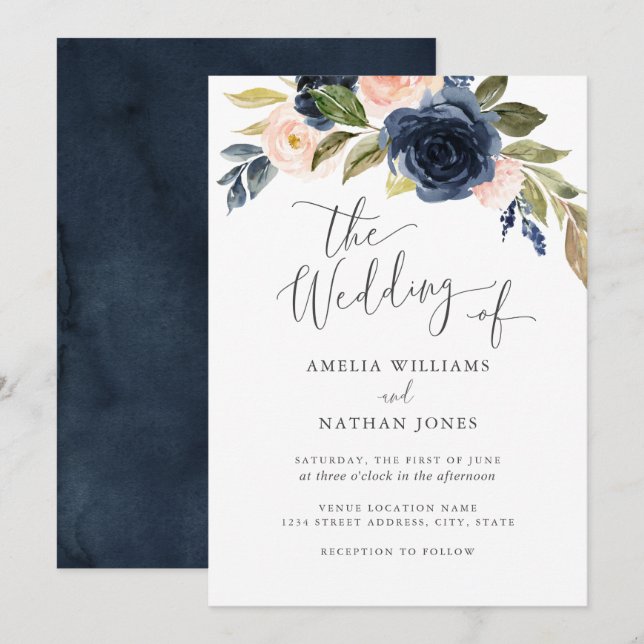 Invitation Couronne de fleurs à l'aquarelle bleu marine et ro (Devant / Derrière)