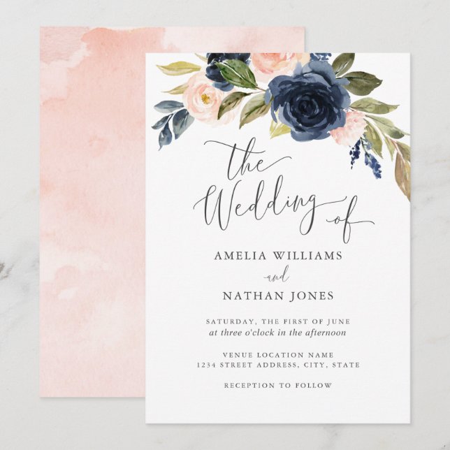 Invitation Couronne de fleurs à l'aquarelle Navy Blush pour m (Devant / Derrière)