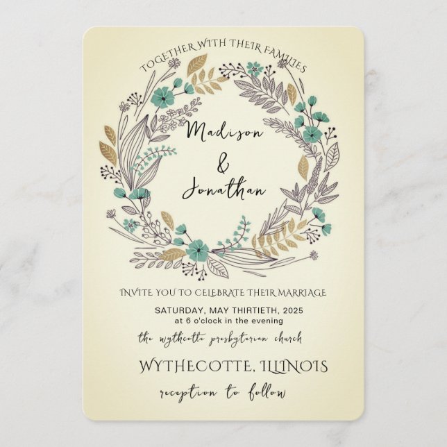 Invitation Couronne de fleurs aquarelle romantique Mariage (Devant)