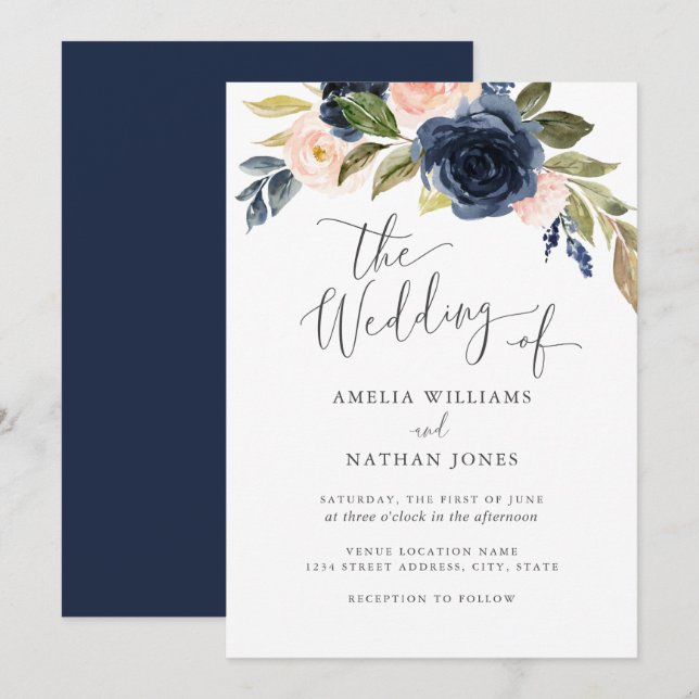 Invitation Couronne de fleurs aquarelle rose Navy Mariage (Devant / Derrière)