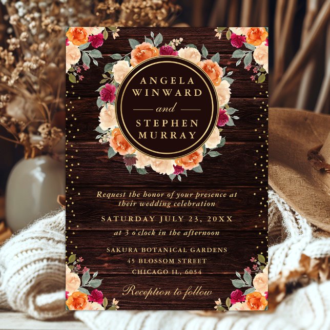 Invitation Couronne de fleurs automnales rustique rouge et or (Créateur téléchargé)