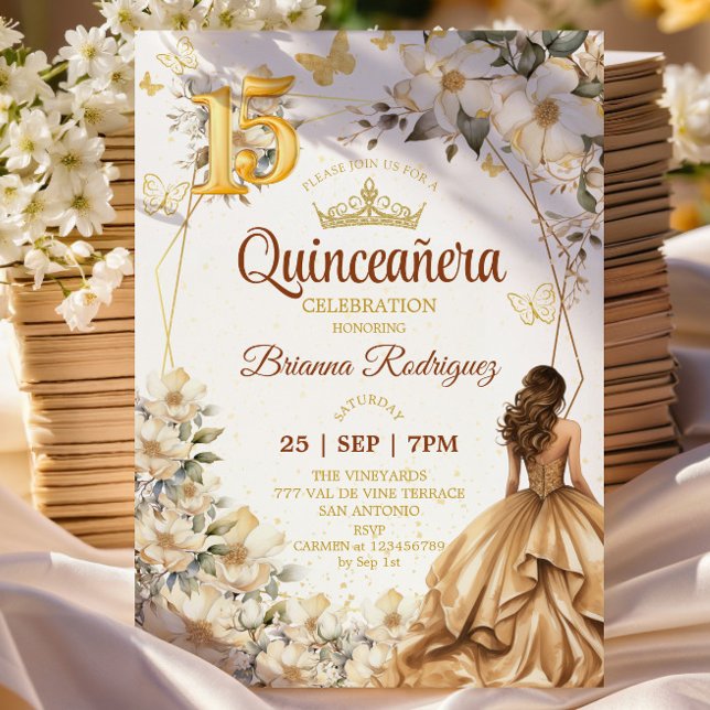 Invitation Couronne de Fleurs beige Tiara Doré Quinceañera  (Créateur téléchargé)