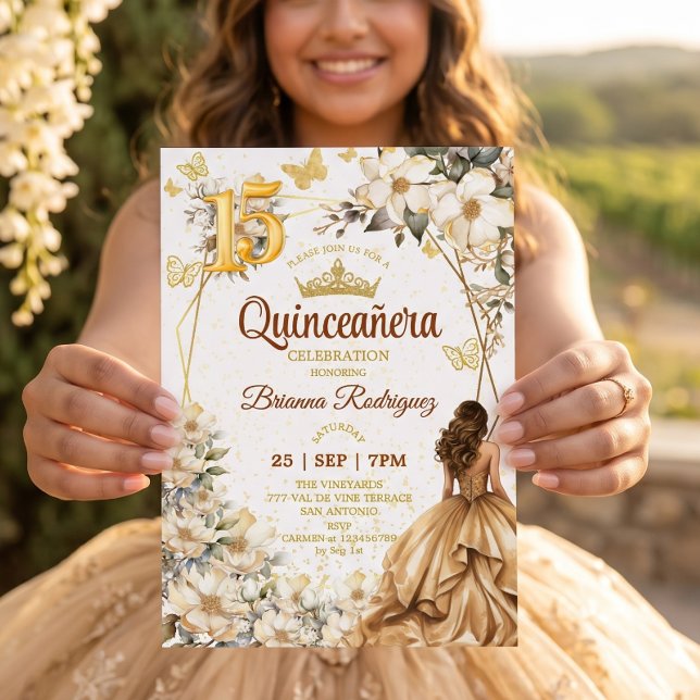 Invitation Couronne de Fleurs beige Tiara Doré Quinceañera  (Créateur téléchargé)