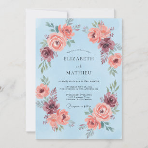 Invitation Couronne de fleurs bleues ciel pour mariage