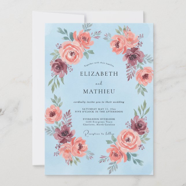 Invitation Couronne de fleurs bleues ciel pour mariage (Devant)