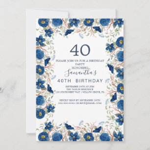 Invitation Couronne de fleurs bleues et roses pour 40 ans 