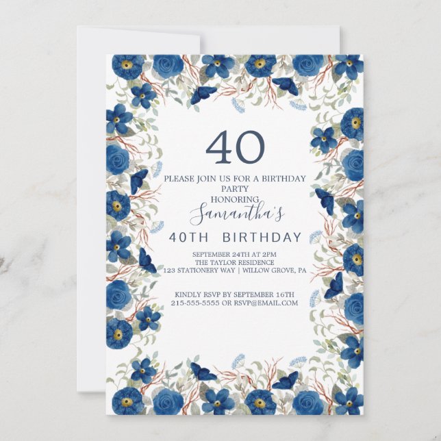 Invitation Couronne de fleurs bleues et roses pour 40 ans  (Devant)