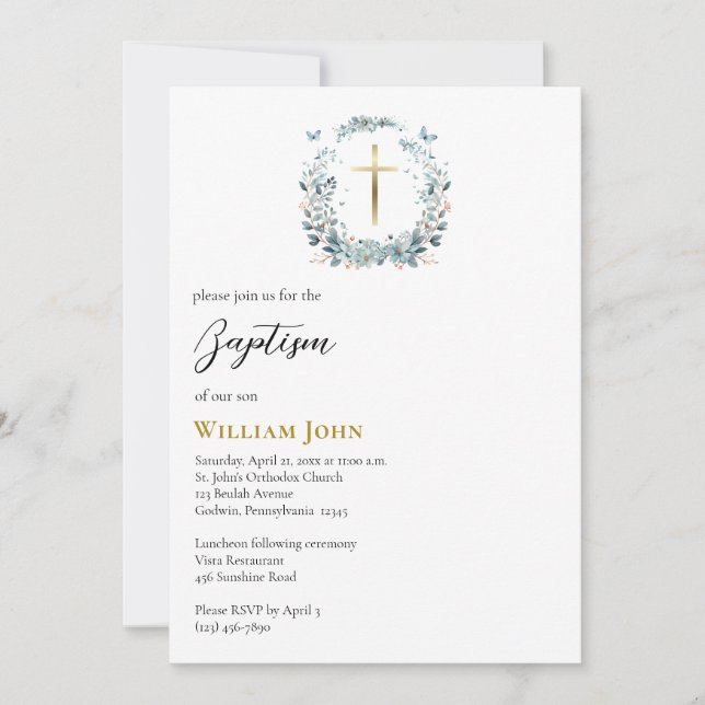 Invitation Couronne de fleurs bleues papillons Baptême orthod (Devant)
