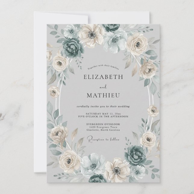 Invitation Couronne de fleurs bleues pour mariage (Devant)