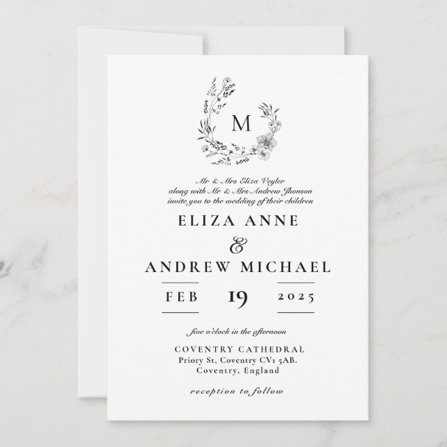 Invitation Couronne de fleurs bohème personnalisée avec monog (Devant)