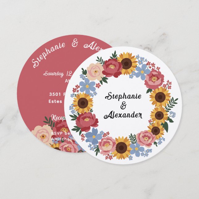 Invitation Couronne de fleurs bohème pour mariage  (Devant / Derrière)