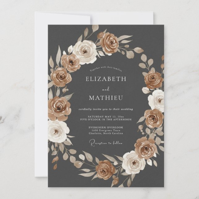 Invitation Couronne de fleurs brune et terreuse pour mariage (Devant)
