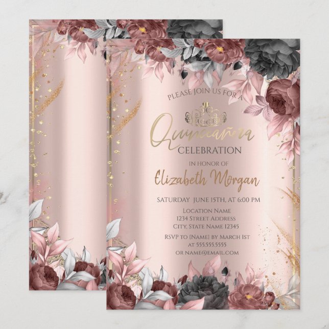 Invitation Couronne de fleurs chic, diamants Quinceañera or r (Devant / Derrière)