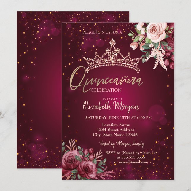 Invitation Couronne de fleurs chic rouge Quinceañera   (Devant / Derrière)