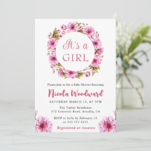 Invitation Couronne de Fleurs de Cerisier Rose Aquarelle pour