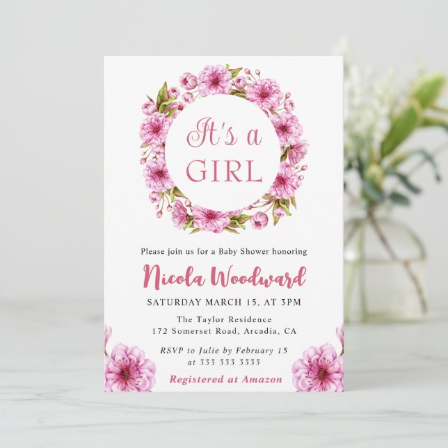 Invitation Couronne de Fleurs de Cerisier Rose Aquarelle pour (Debout devant)