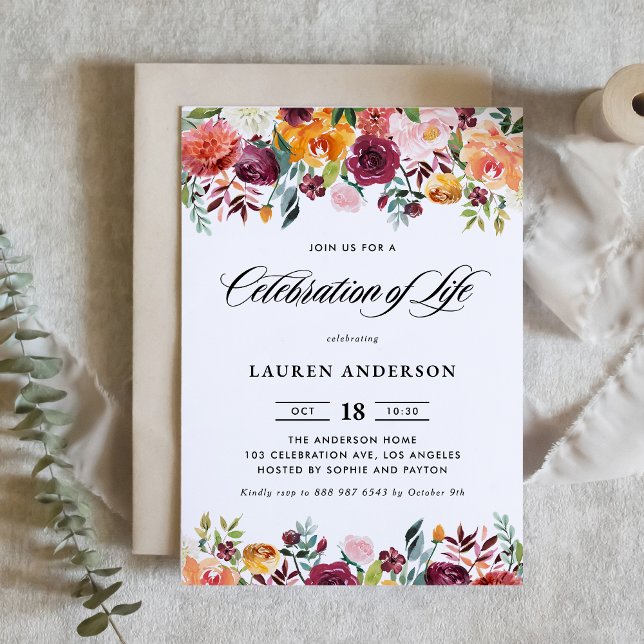 Invitation Couronne de Fleurs de l'Épanouissement Automnal Cé ( Autumn Watercolor Floral Garland Celebration of Life Invitation with Greenery Accents)