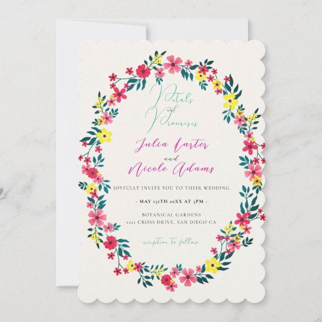 Invitation Couronne de fleurs de Madagascar rose et pervenche (Devant)