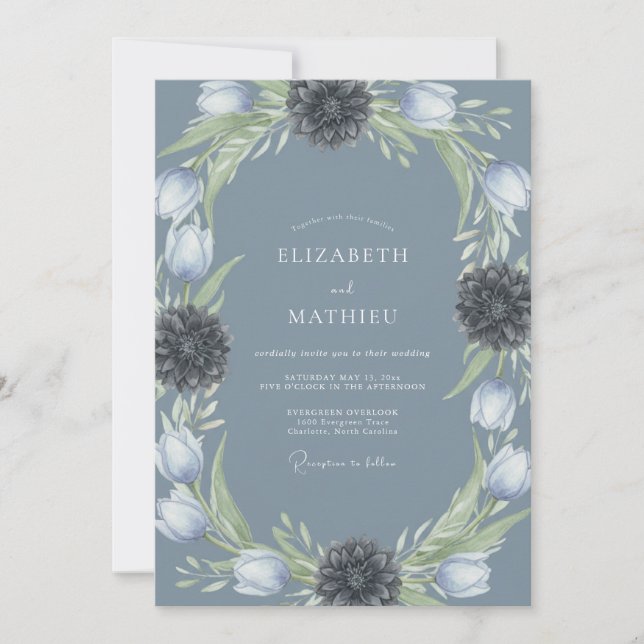 Invitation Couronne de fleurs de mariage bleu ardoise (Devant)