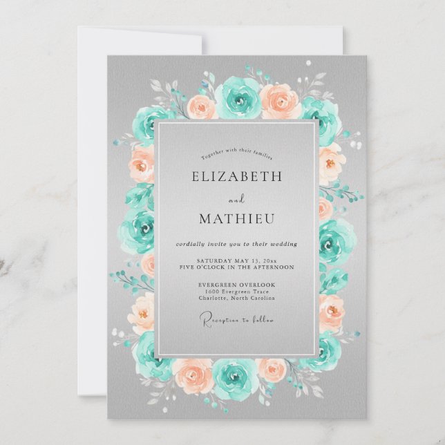 Invitation Couronne de fleurs de mariage corail sarcelle (Devant)
