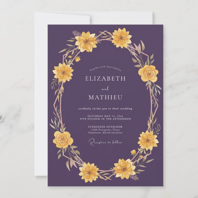 Invitation Couronne de fleurs de mariage en or violet (Devant)