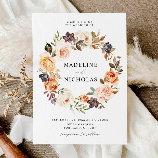 Invitation Couronne de fleurs de mariage rustique à l'aquarel (Créateur téléchargé)