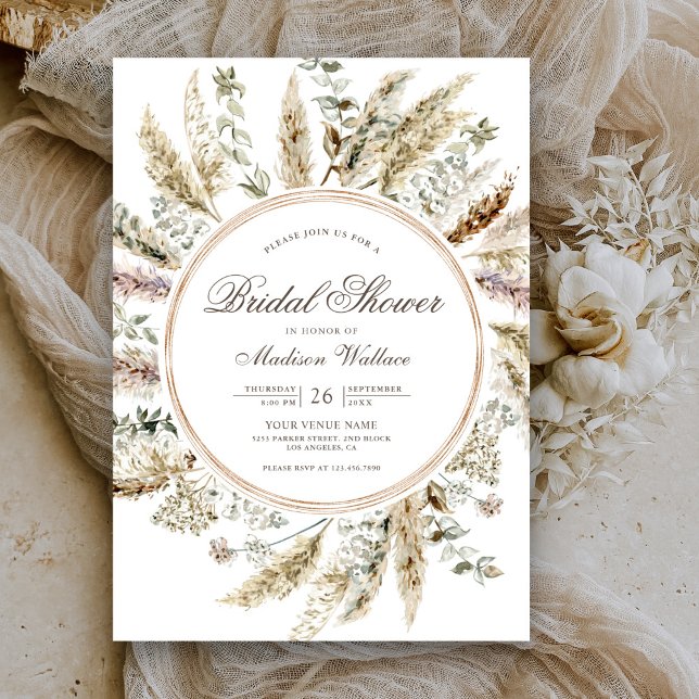 Invitation Couronne de fleurs de pampa Bohème rustique pour B (Créateur téléchargé)