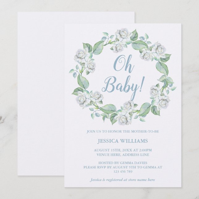 Invitation Couronne de fleurs de roses blanches jolies Baby S (Devant / Derrière)