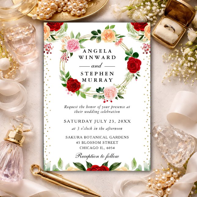 Invitation Couronne de fleurs de roses rouges et orange maria (Créateur téléchargé)