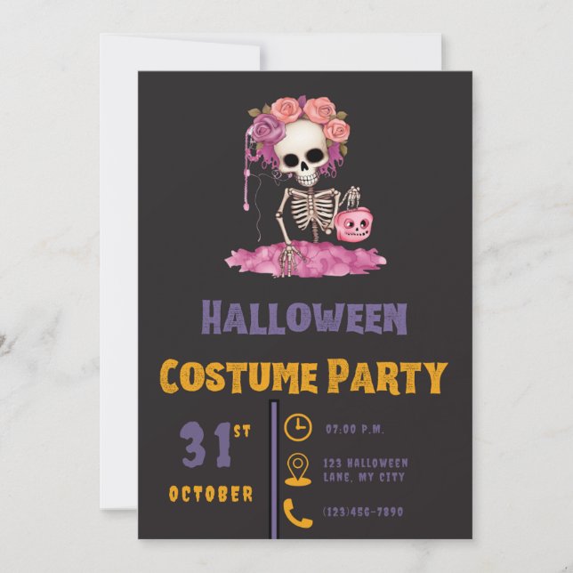 Invitation Couronne de fleurs de squelette Rose Halloween noi (Devant)