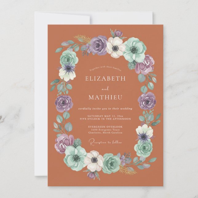Invitation Couronne de fleurs de terre cuite pour mariage (Devant)
