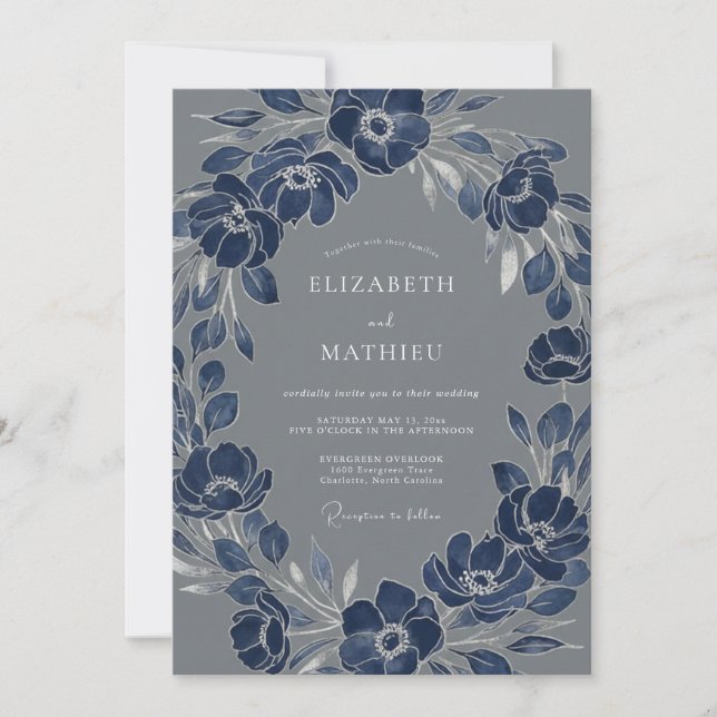 Invitation Couronne de fleurs délicate de mariage Navy (Devant)