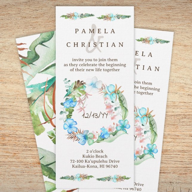 Invitation Couronne de fleurs d'Hibiscus bleu et feuilles tro (Tropical natural light green, blue beach wedding, Hawaiian wedding invitation, hibiscus, monstera)
