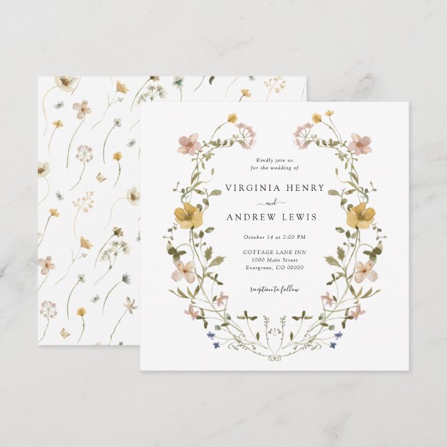 Invitation Couronne de fleurs élégante pour mariage (Devant / Derrière)