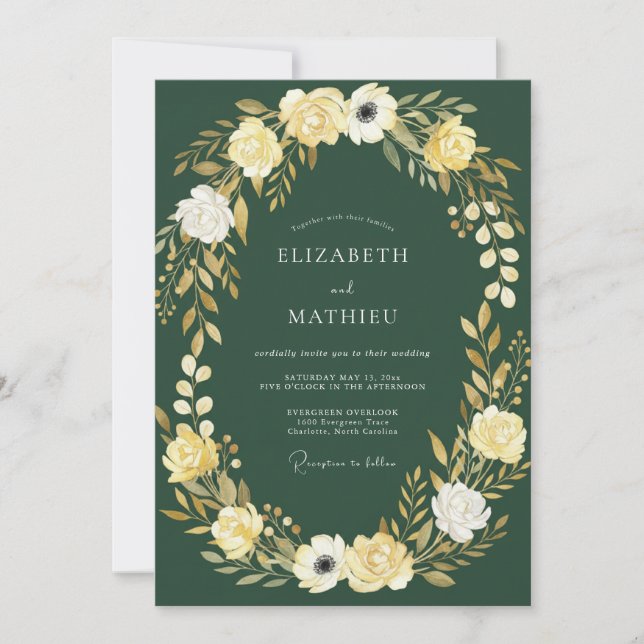 Invitation Couronne de fleurs émeraude pour mariage (Devant)