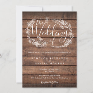 Invitation Couronne de fleurs en bois rustique Mariage en écr