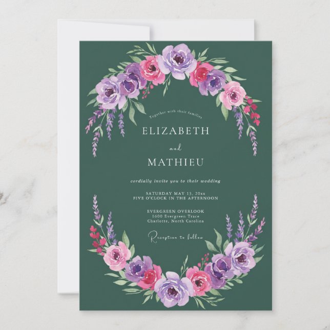 Invitation Couronne de fleurs éthérée émeraude pour mariage (Devant)