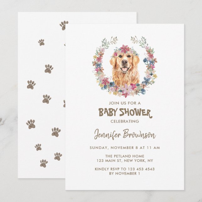 Invitation Couronne de fleurs Golden Retriever Baby Shower Ch (Devant / Derrière)