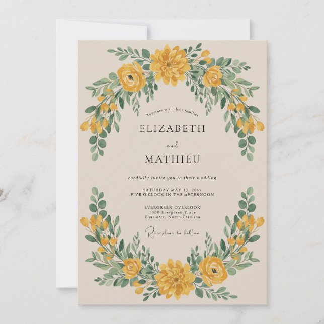 Invitation Couronne de fleurs jaune doré pour mariage (Devant)