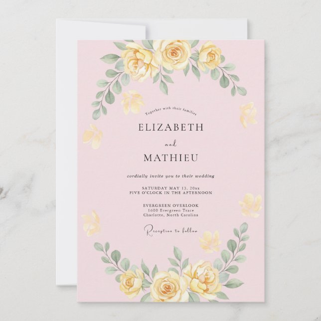 Invitation Couronne de fleurs mariage jaune pastel en fleurs (Devant)
