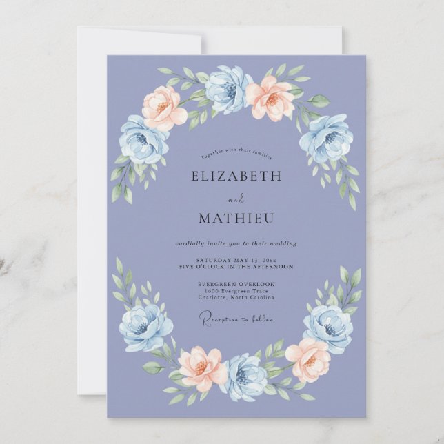 Invitation Couronne de fleurs mariage Pervenche (Devant)
